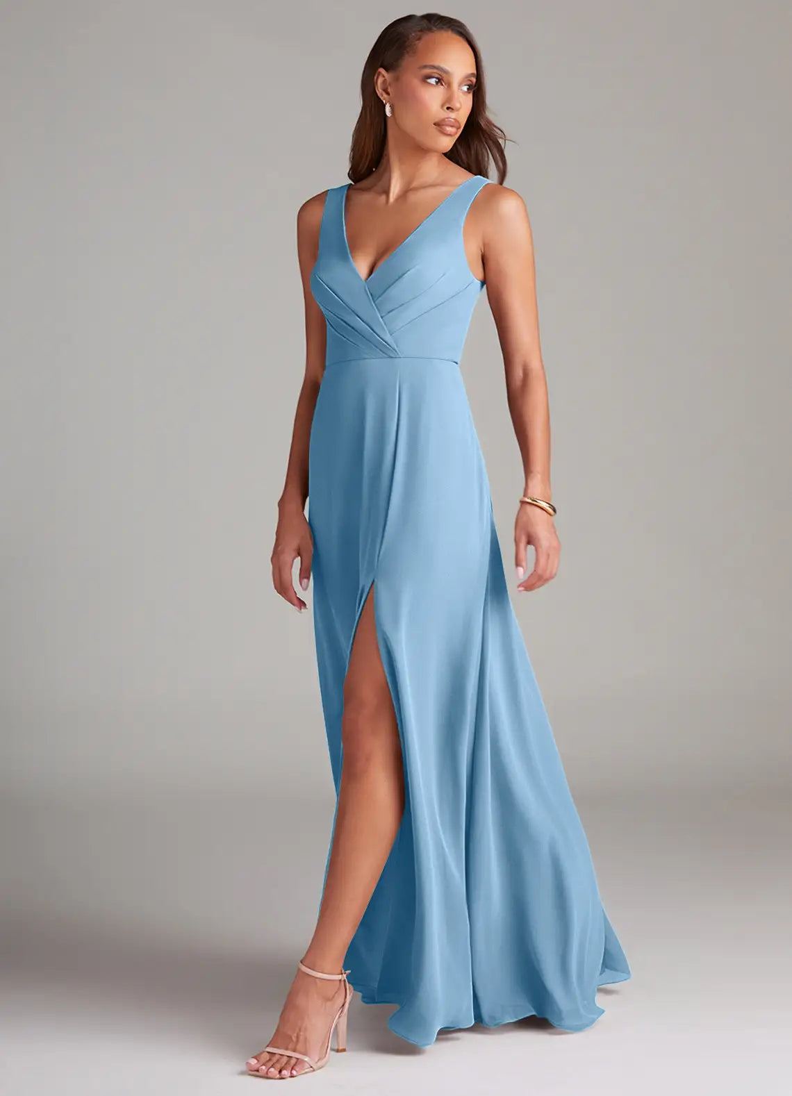 Sky Blue A-Line V-Neck Chiffon Sleeveless High Slit Floor-Length Wedding Dress - Yihuiw by Yihuiw