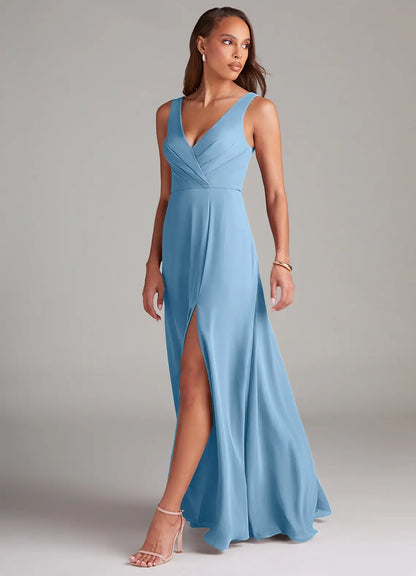 Sky Blue A-Line V-Neck Chiffon Sleeveless High Slit Floor-Length Wedding Dress - Yihuiw by Yihuiw