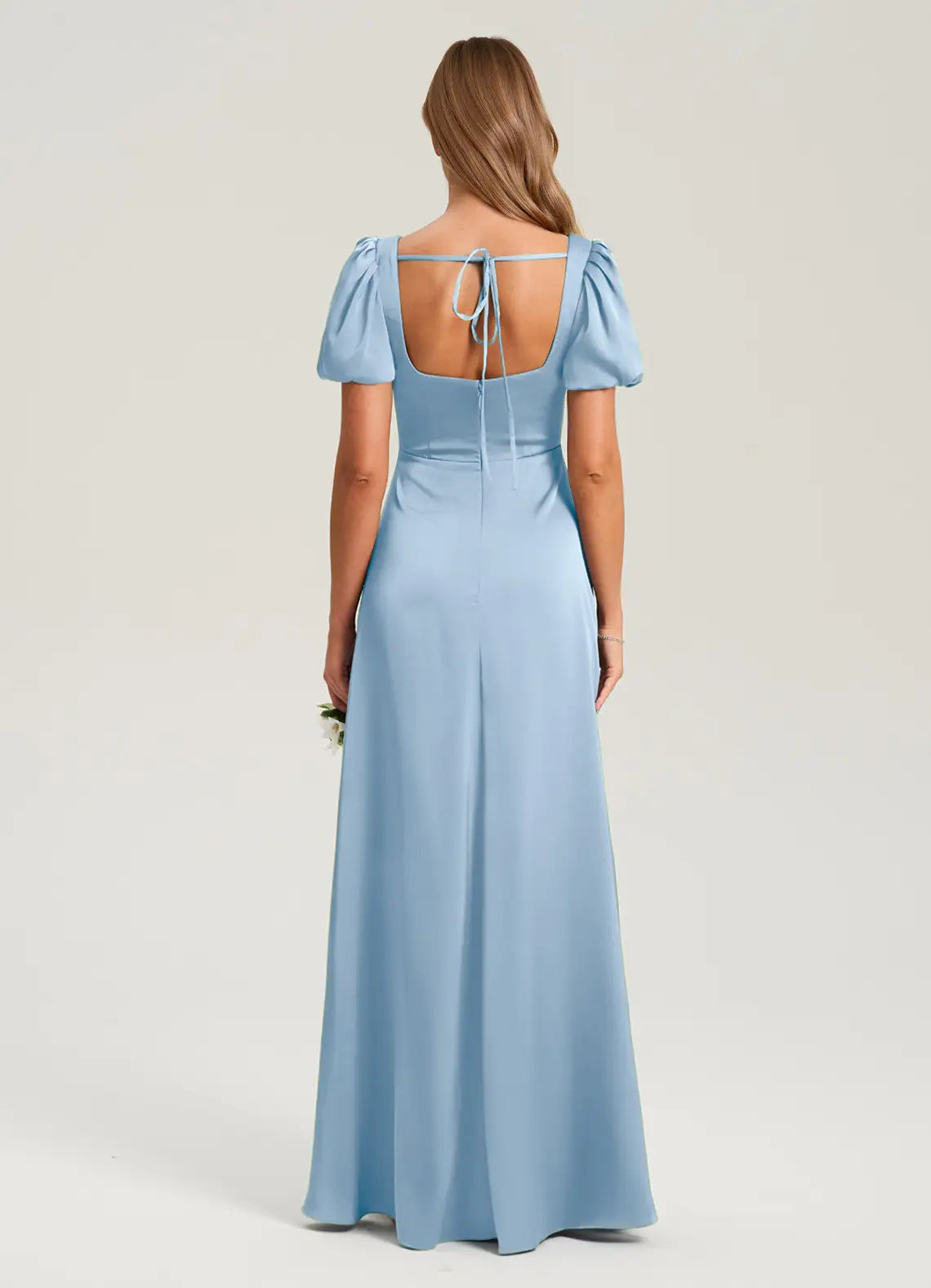 Sky Blue Mermaid Square Neck Satin Short Sleeve High Slit Floor-Length Wedding Dress - Yihuiw by Yihuiw