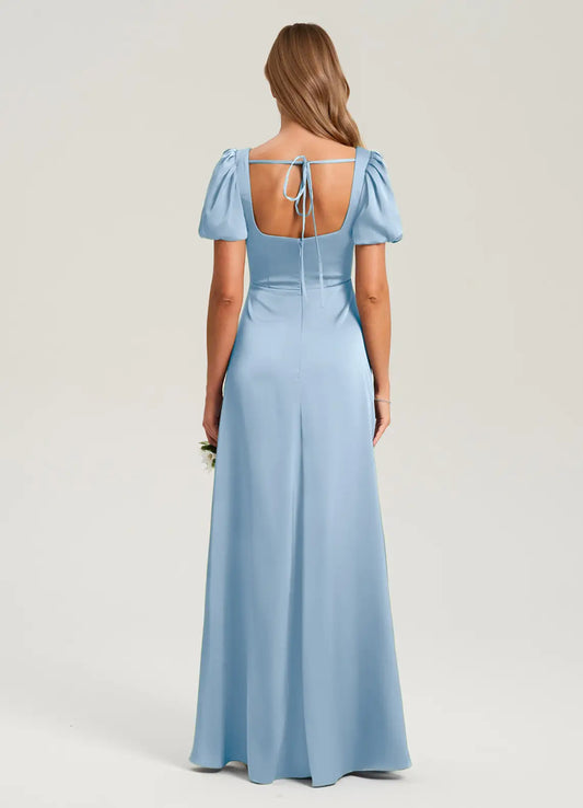 Sky Blue Mermaid Square Neck Satin Short Sleeve High Slit Floor-Length Wedding Dress - Yihuiw by Yihuiw