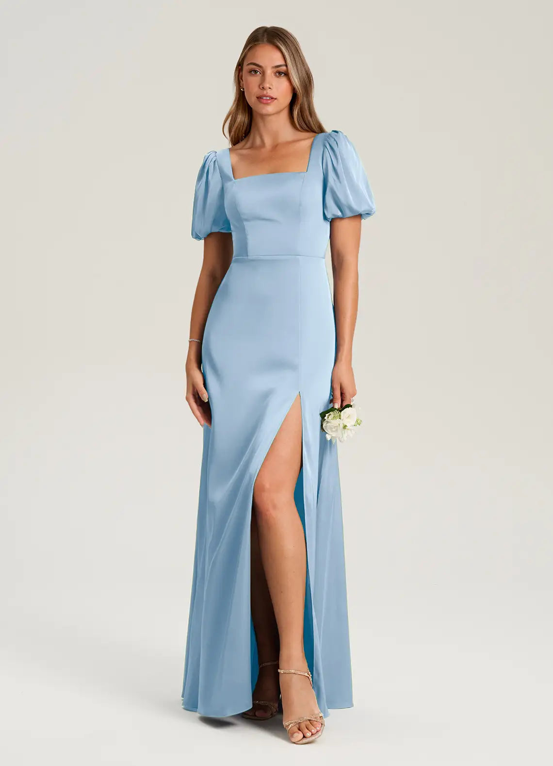 Sky Blue Mermaid Square Neck Satin Short Sleeve High Slit Floor-Length Wedding Dress - Yihuiw by Yihuiw