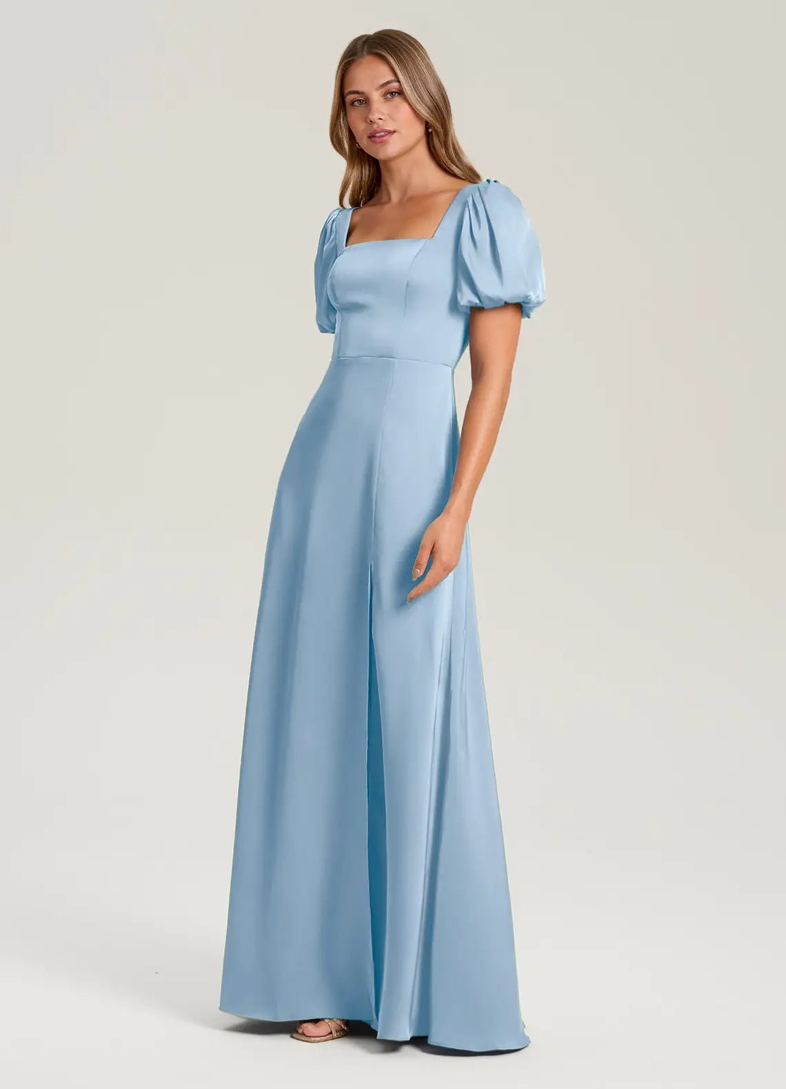 Sky Blue Mermaid Square Neck Satin Short Sleeve High Slit Floor-Length Wedding Dress - Yihuiw by Yihuiw