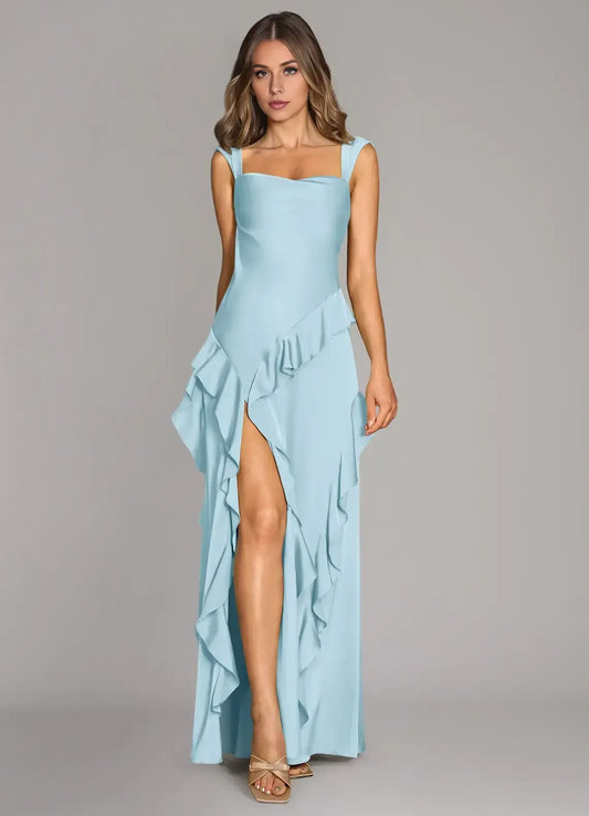Sky Blue Square Neck Satin Open Back High Slit Floor-Length Wedding Dress - Yihuiw by Yihuiw