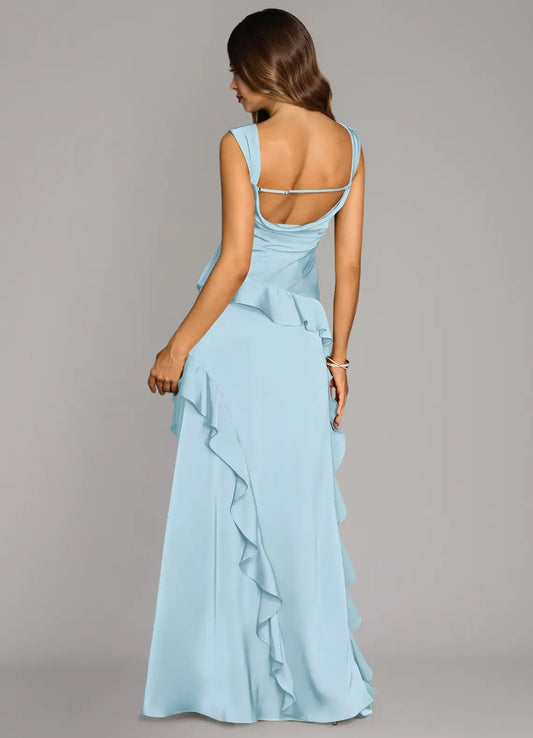 Sky Blue Square Neck Satin Open Back High Slit Floor-Length Wedding Dress - Yihuiw by Yihuiw