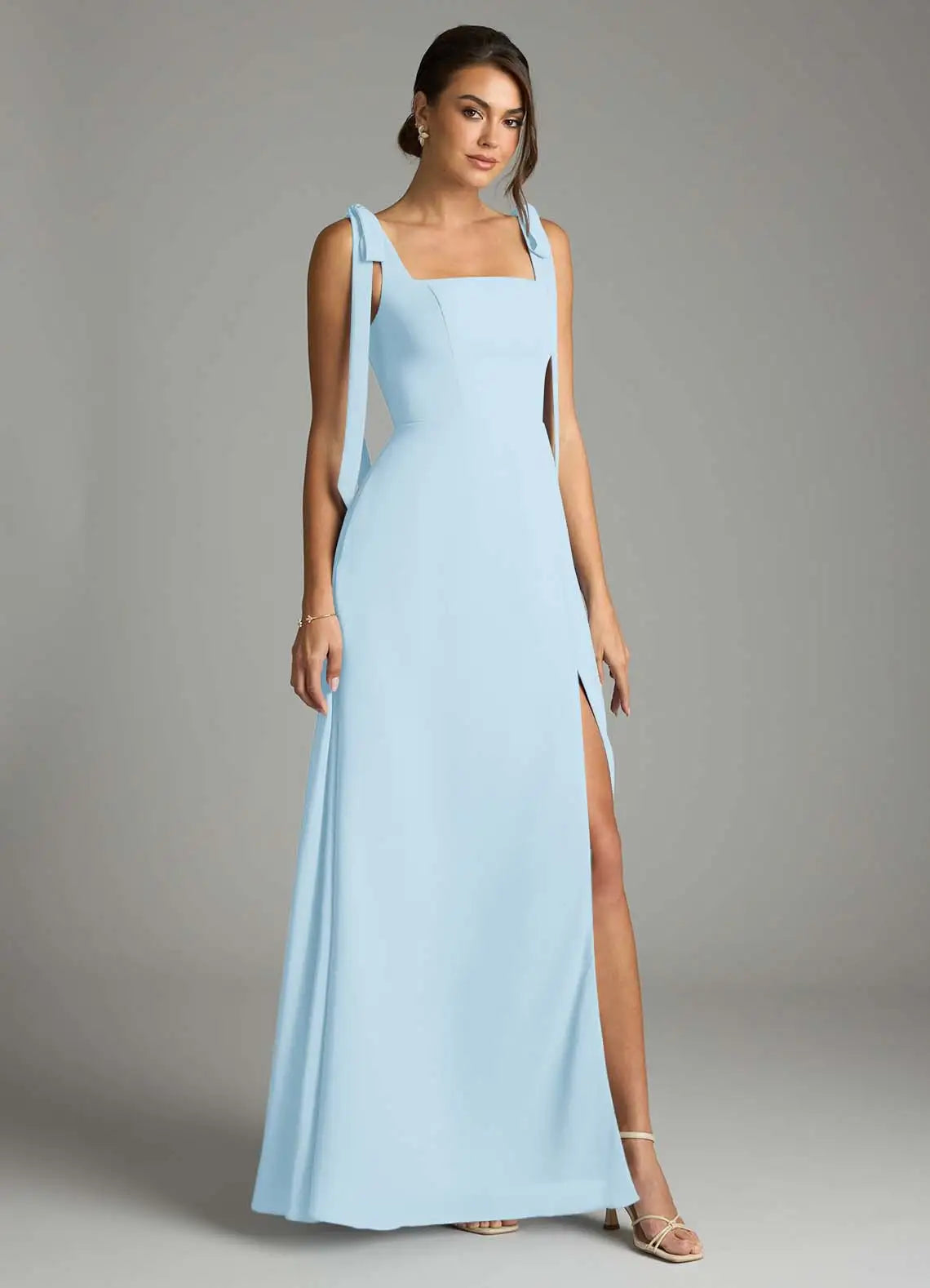 Sky Blue A-Line Square Neck Chiffon High Slit Floor-Length Wedding Dress - Yihuiw by Yihuiw