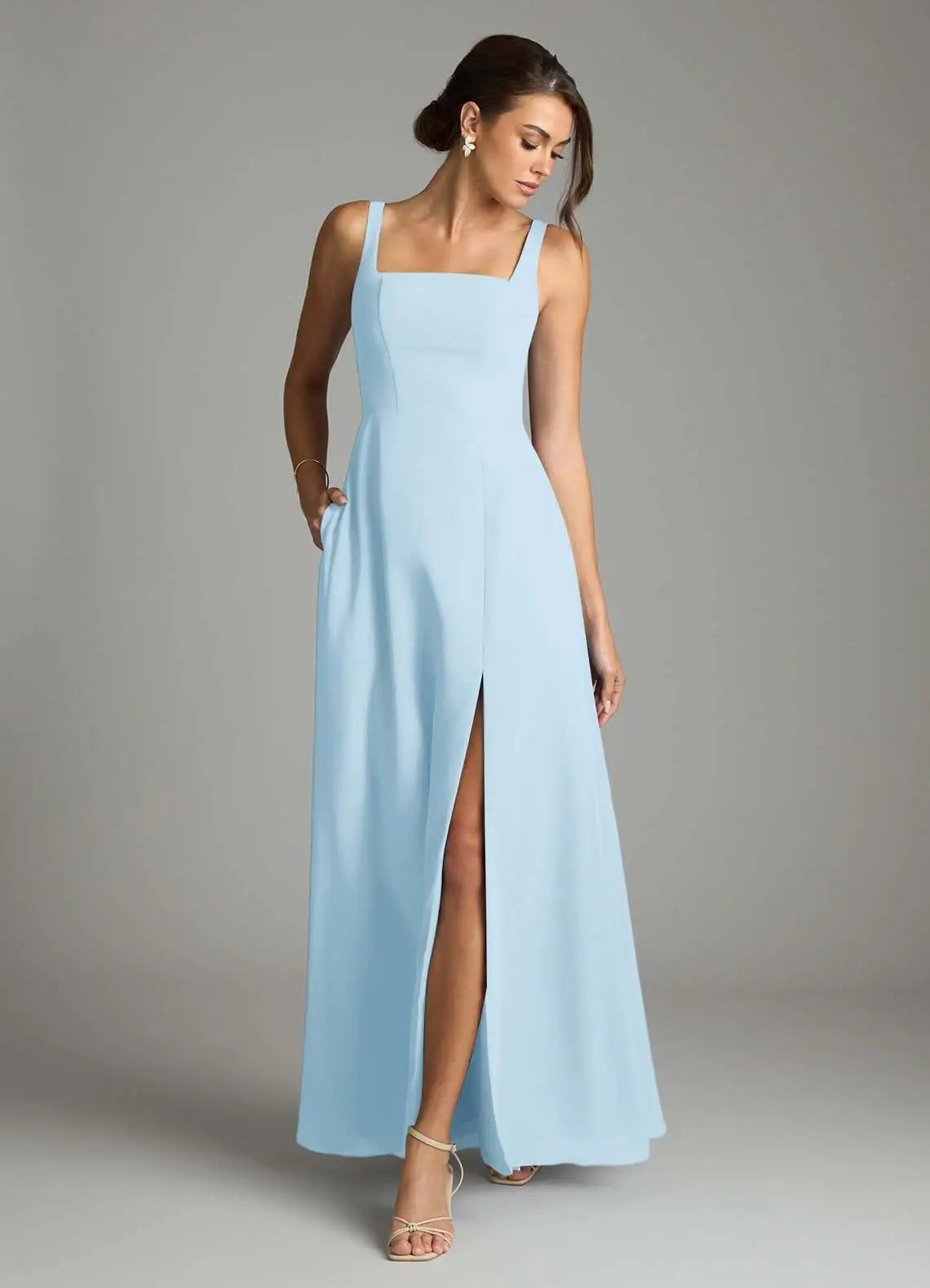 Sky Blue A-Line Square Neck Chiffon High Slit Floor-Length Wedding Dress - Yihuiw by Yihuiw