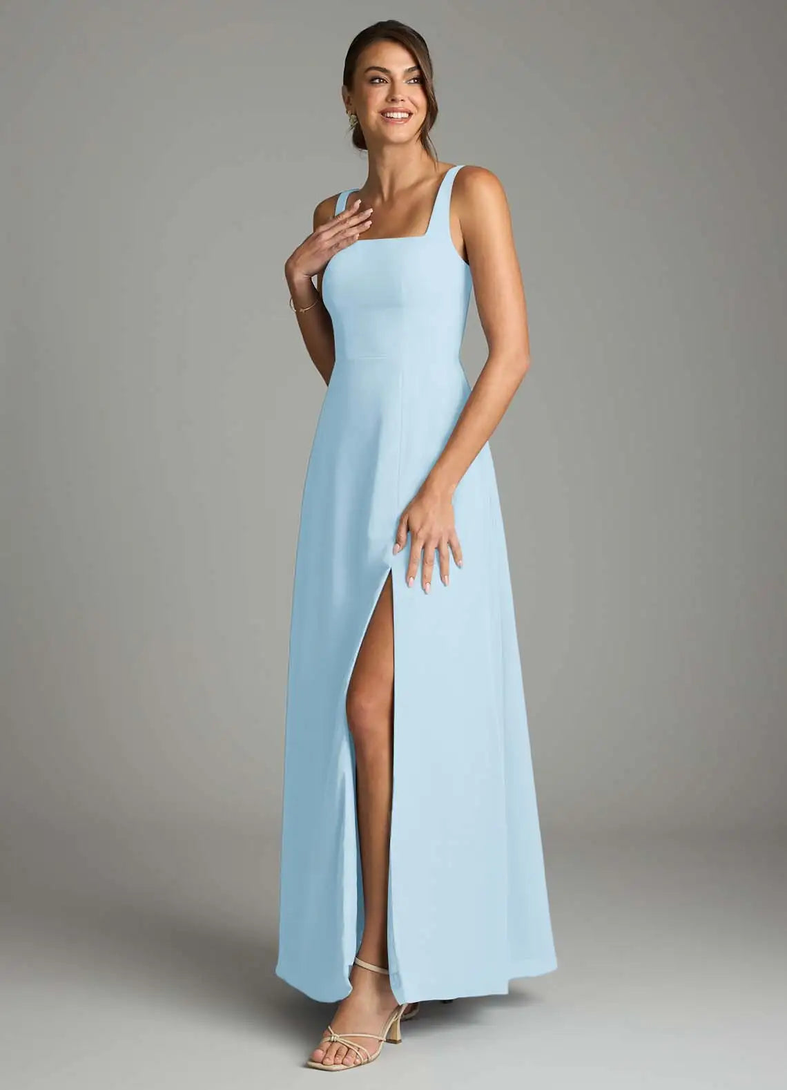 Sky Blue A-Line Square Neck Chiffon High Slit Floor-Length Wedding Dress - Yihuiw by Yihuiw