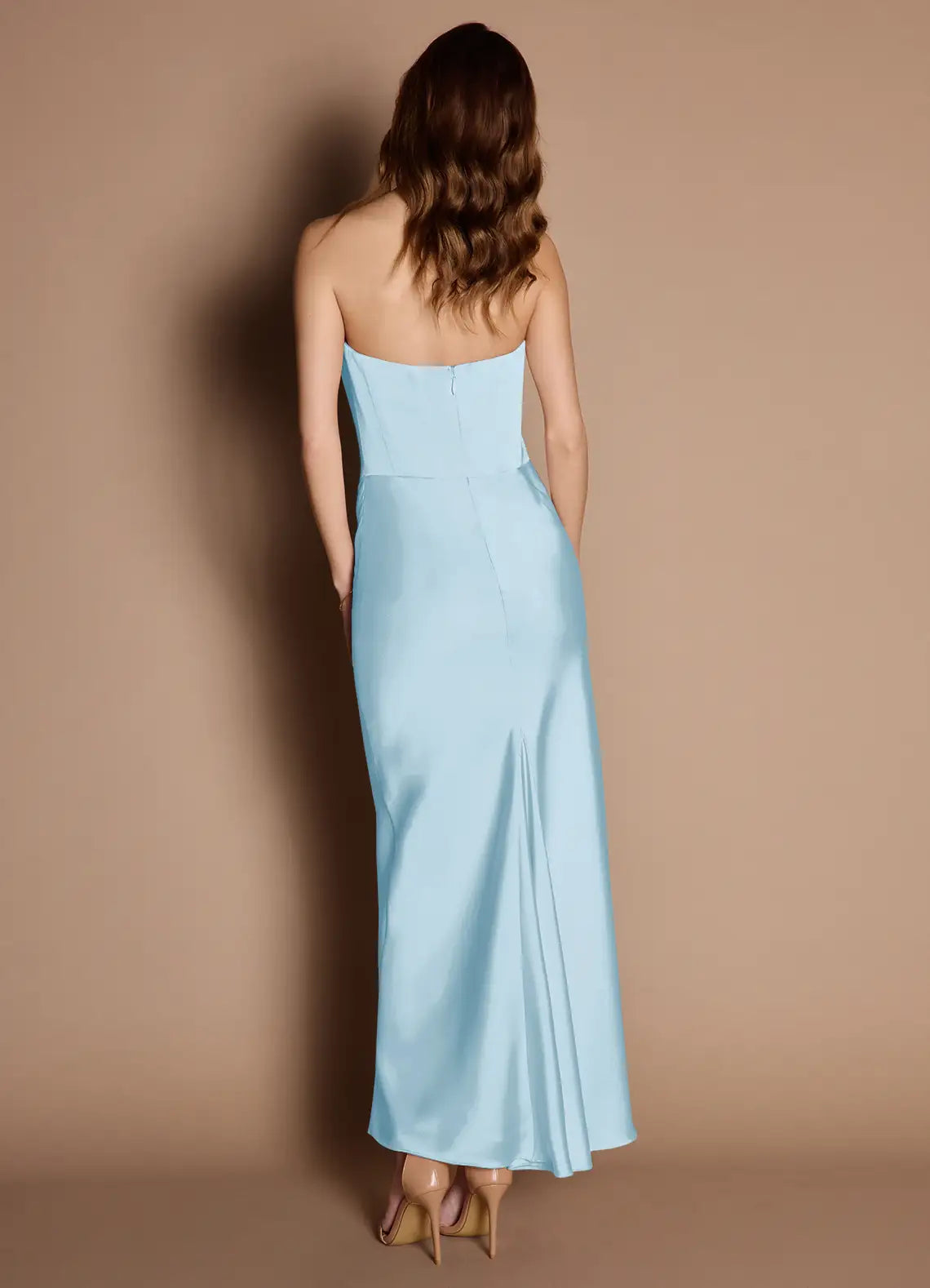 Sky Blue Mermaid Strapless Satin Ruched Floor-Length Wedding Dress - Yihuiw by Yihuiw