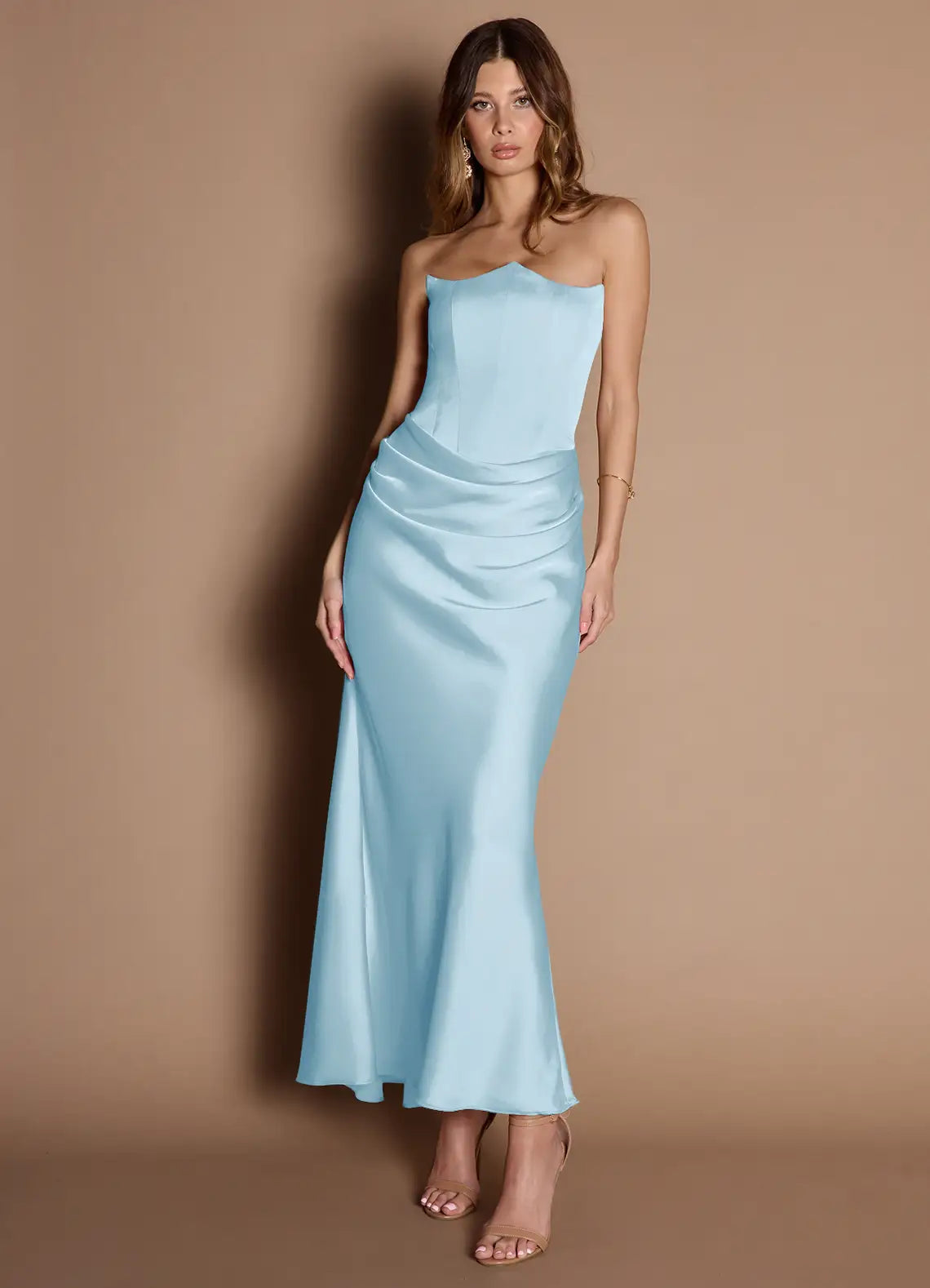 Sky Blue Mermaid Strapless Satin Ruched Floor-Length Wedding Dress - Yihuiw by Yihuiw