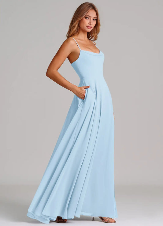 Sky Blue A-Line Cowl Neck Chiffon Floor-Length Wedding Dress - Yihuiw by Yihuiw