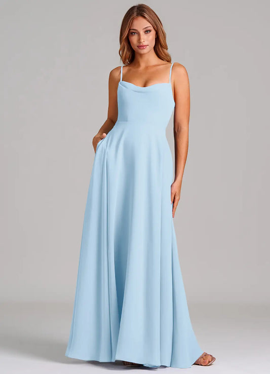 Sky Blue A-Line Cowl Neck Chiffon Floor-Length Wedding Dress - Yihuiw by Yihuiw
