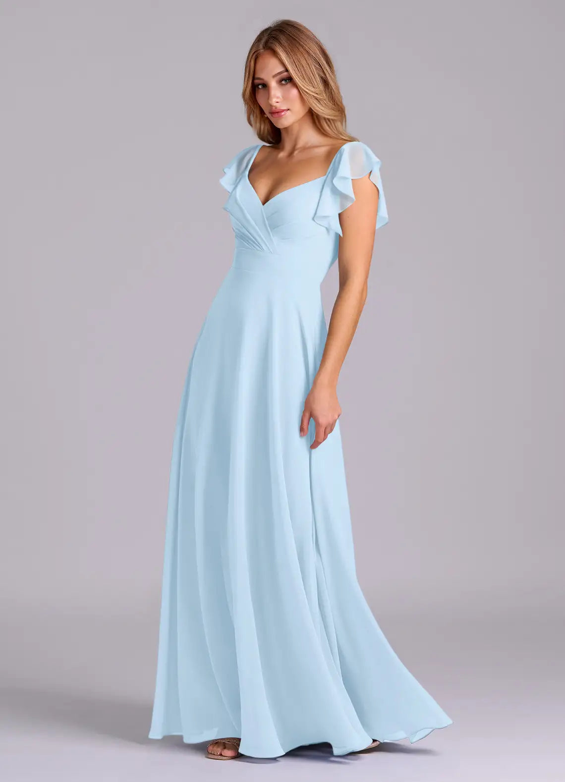 Sky Blue A-Line V-Neck Chiffon Cap Sleeve Ruffled Floor-Length Wedding Dress - Yihuiw by Yihuiw