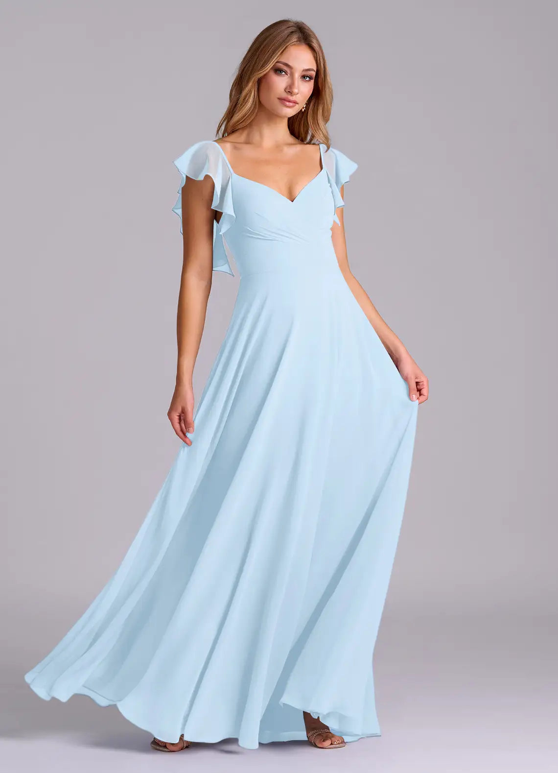 Sky Blue A-Line V-Neck Chiffon Cap Sleeve Ruffled Floor-Length Wedding Dress - Yihuiw by Yihuiw