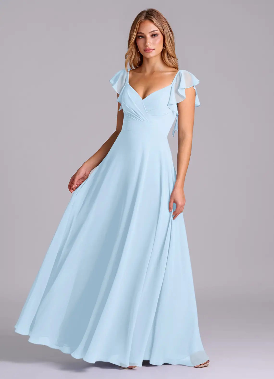Sky Blue A-Line V-Neck Chiffon Cap Sleeve Ruffled Floor-Length Wedding Dress - Yihuiw by Yihuiw