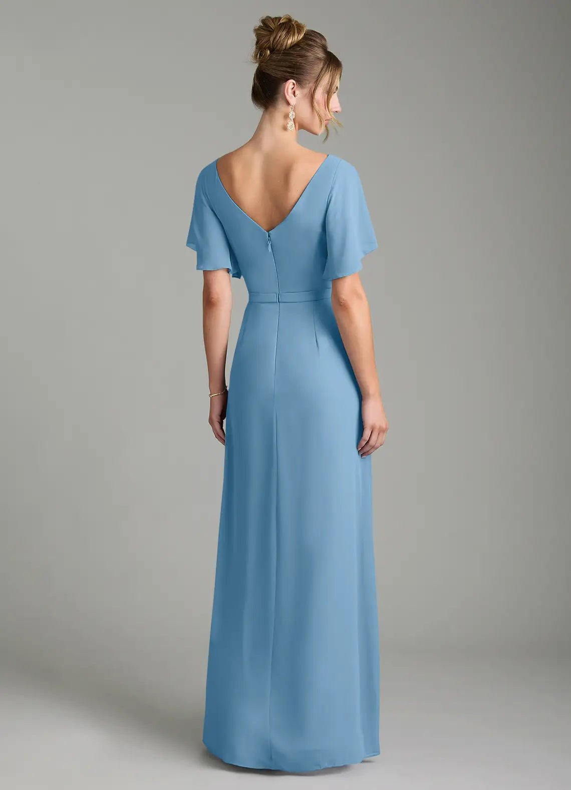 Sky Blue A-Line V-Neck Chiffon Cap Sleeve High Slit Floor-Length Wedding Dress - Yihuiw by Yihuiw