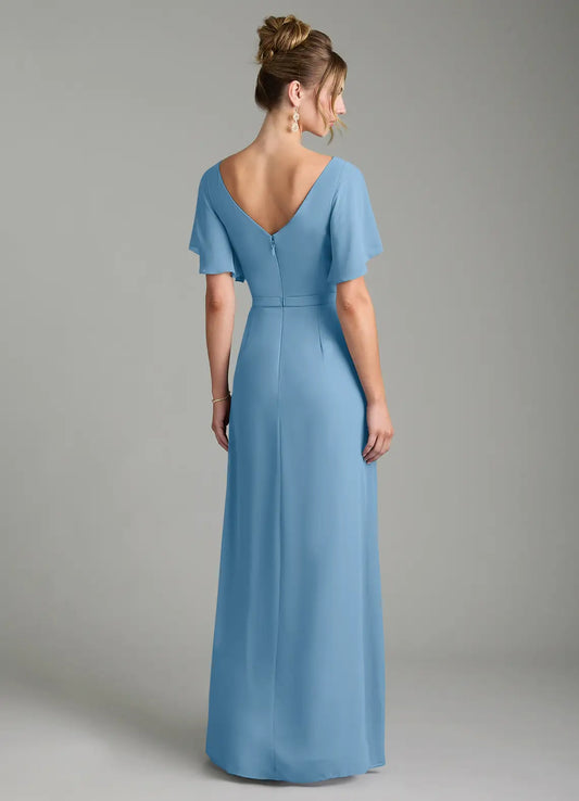Sky Blue A-Line V-Neck Chiffon Cap Sleeve High Slit Floor-Length Wedding Dress - Yihuiw by Yihuiw