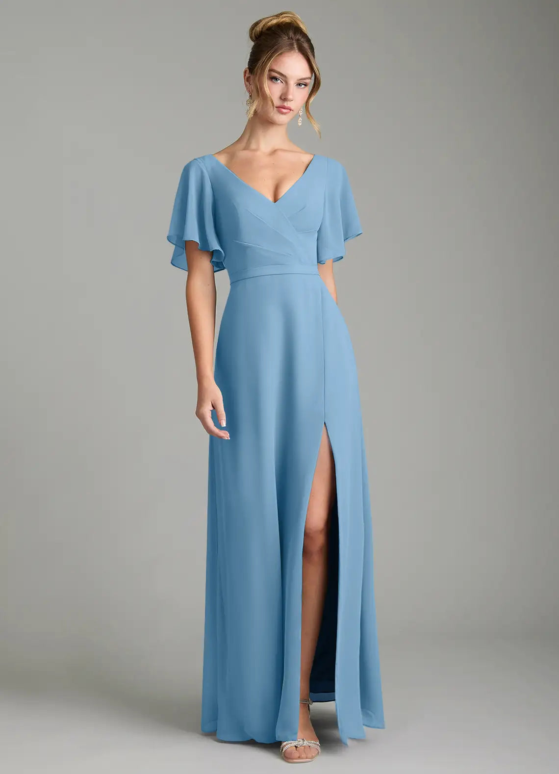 Sky Blue A-Line V-Neck Chiffon Cap Sleeve High Slit Floor-Length Wedding Dress - Yihuiw by Yihuiw