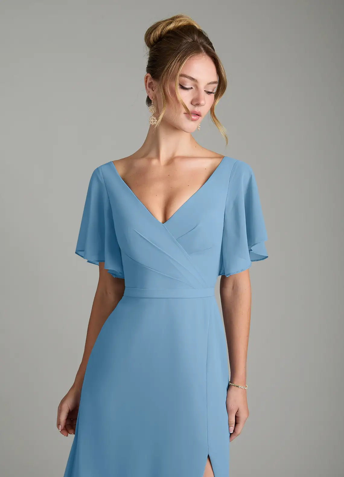 Sky Blue A-Line V-Neck Chiffon Cap Sleeve High Slit Floor-Length Wedding Dress - Yihuiw by Yihuiw