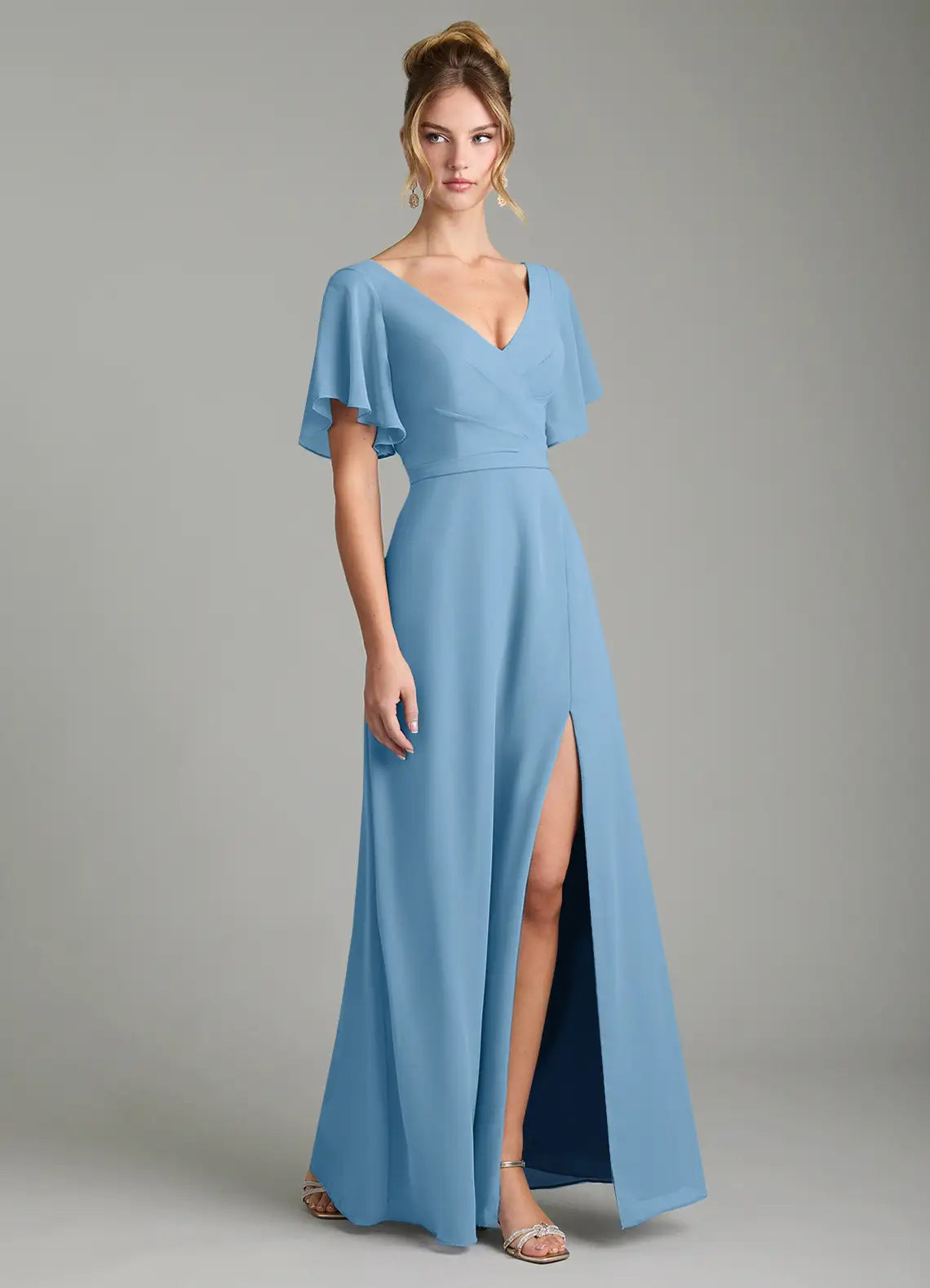 Sky Blue A-Line V-Neck Chiffon Cap Sleeve High Slit Floor-Length Wedding Dress - Yihuiw by Yihuiw