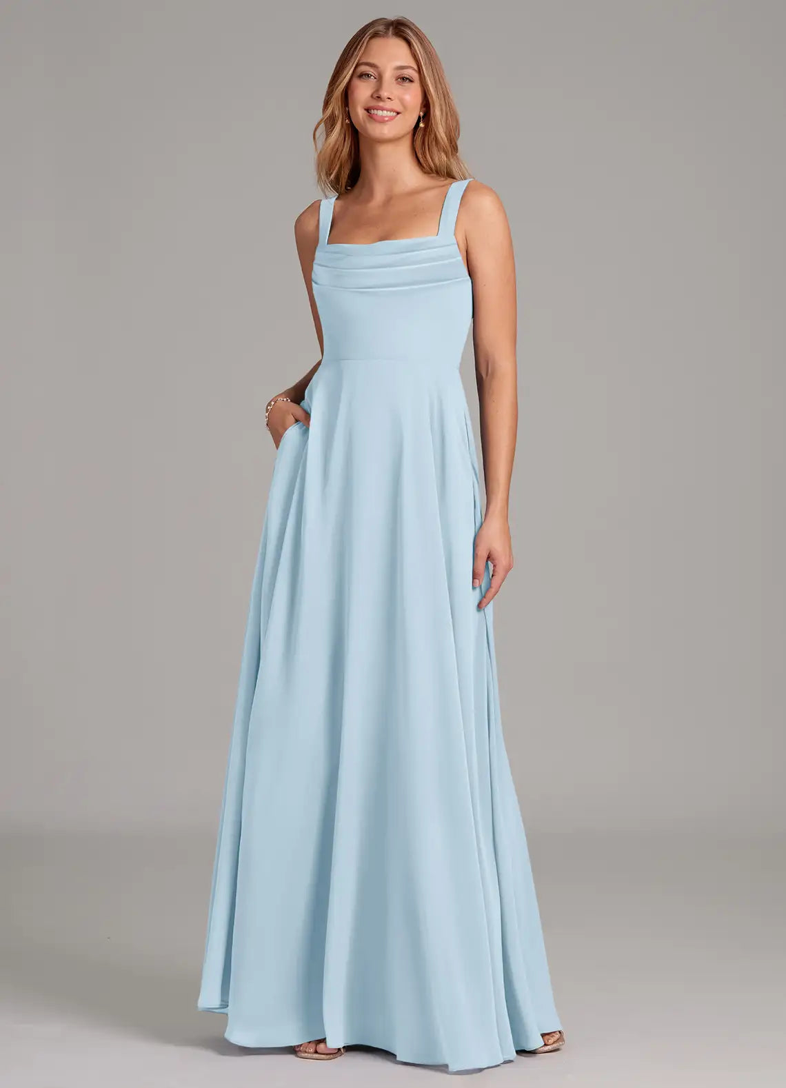 Sky Blue A-Line Square Neck Chiffon Pleated Floor-Length Wedding Dress - Yihuiw by Yihuiw
