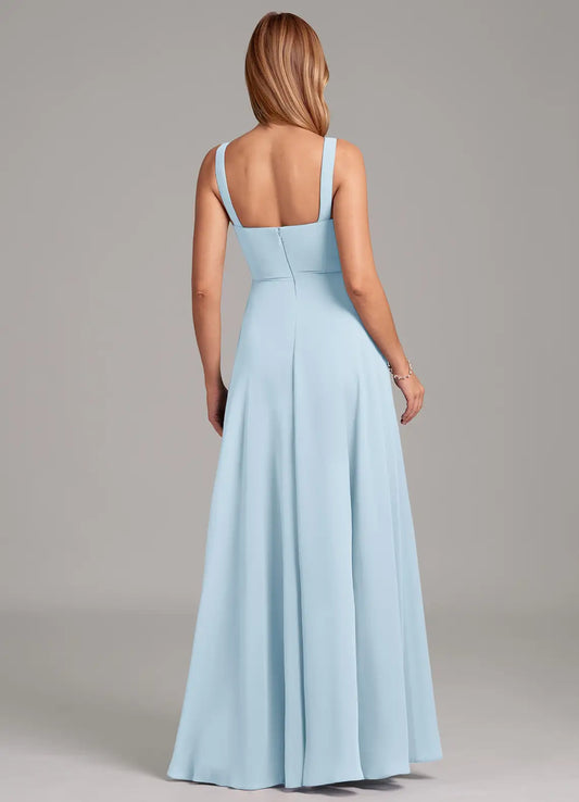 Sky Blue A-Line Square Neck Chiffon Pleated Floor-Length Wedding Dress - Yihuiw by Yihuiw