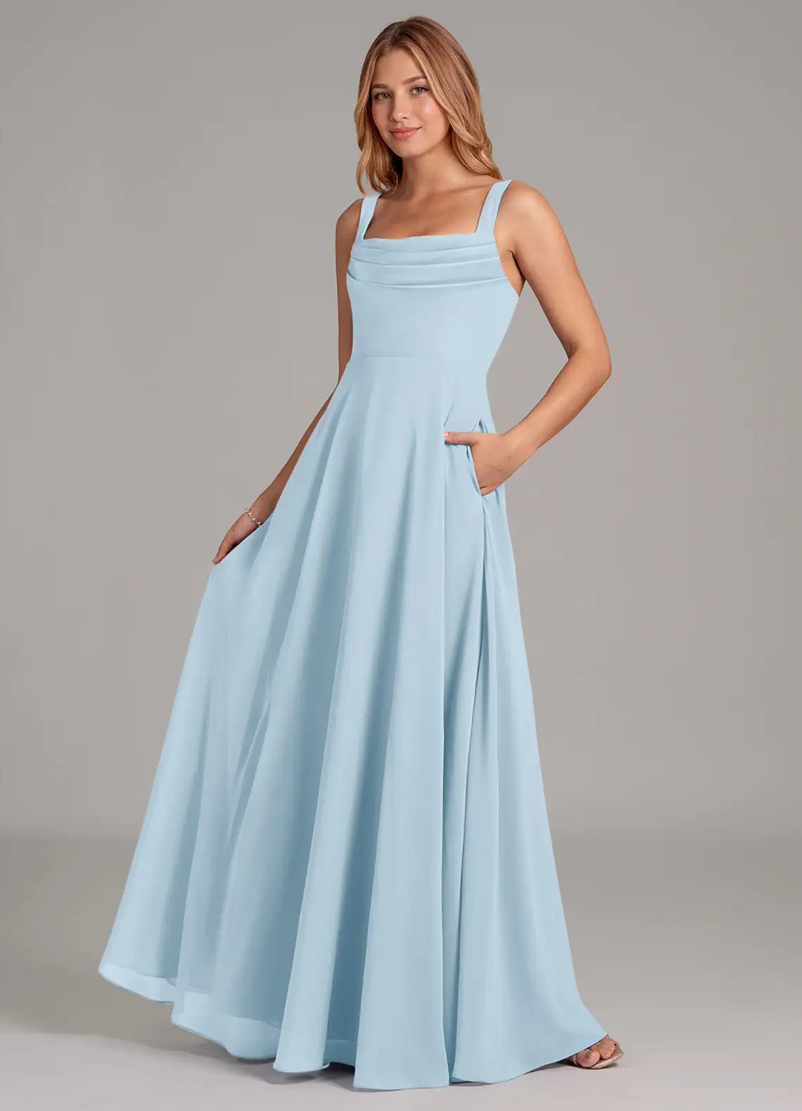 Sky Blue A-Line Square Neck Chiffon Pleated Floor-Length Wedding Dress - Yihuiw by Yihuiw