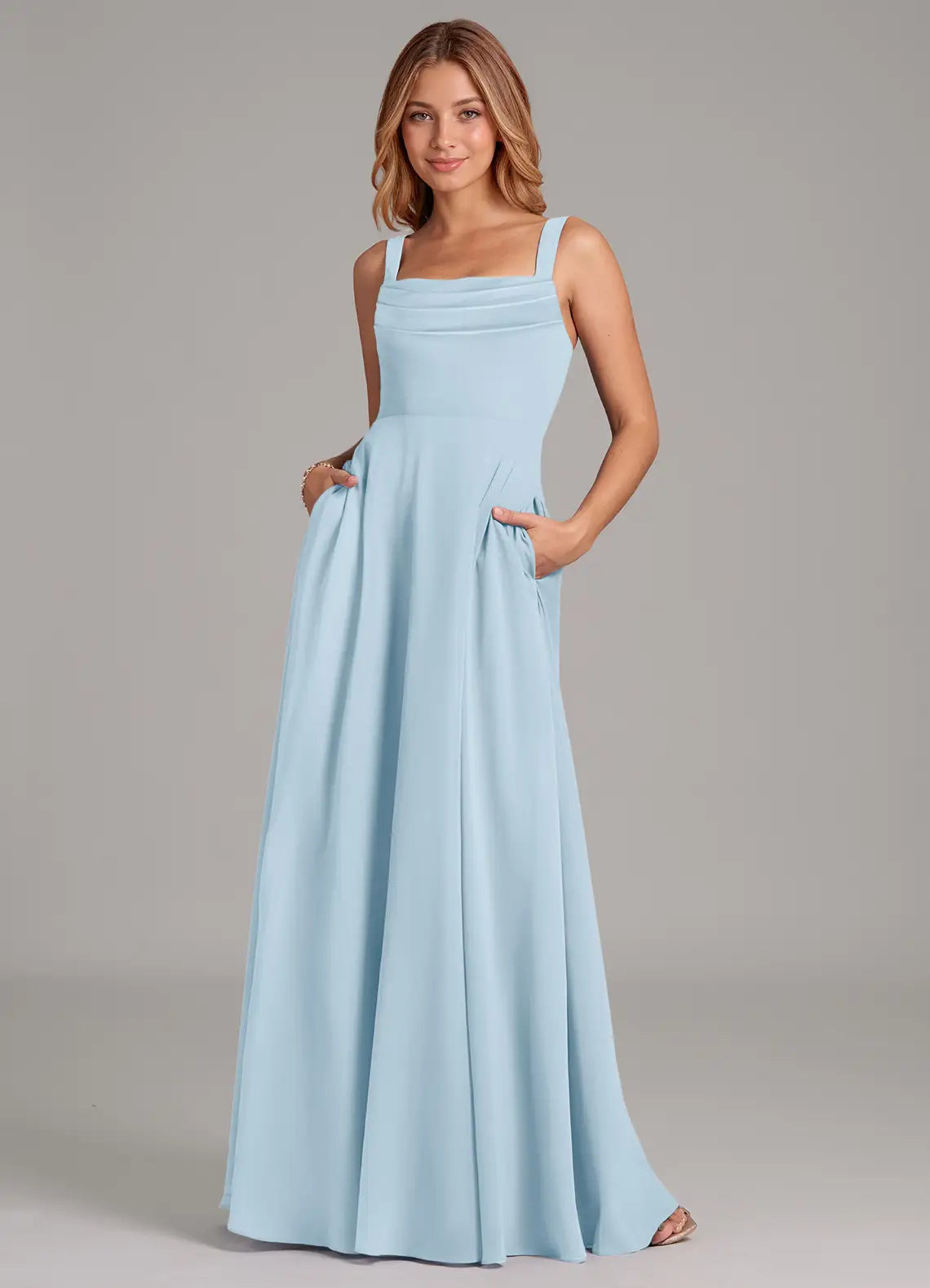 Sky Blue A-Line Square Neck Chiffon Pleated Floor-Length Wedding Dress - Yihuiw by Yihuiw