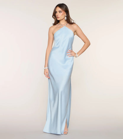 Mermaid Halter Satin Open Back High Slit Floor-Length Formal Dress - Yihuiw by Yihuiw
