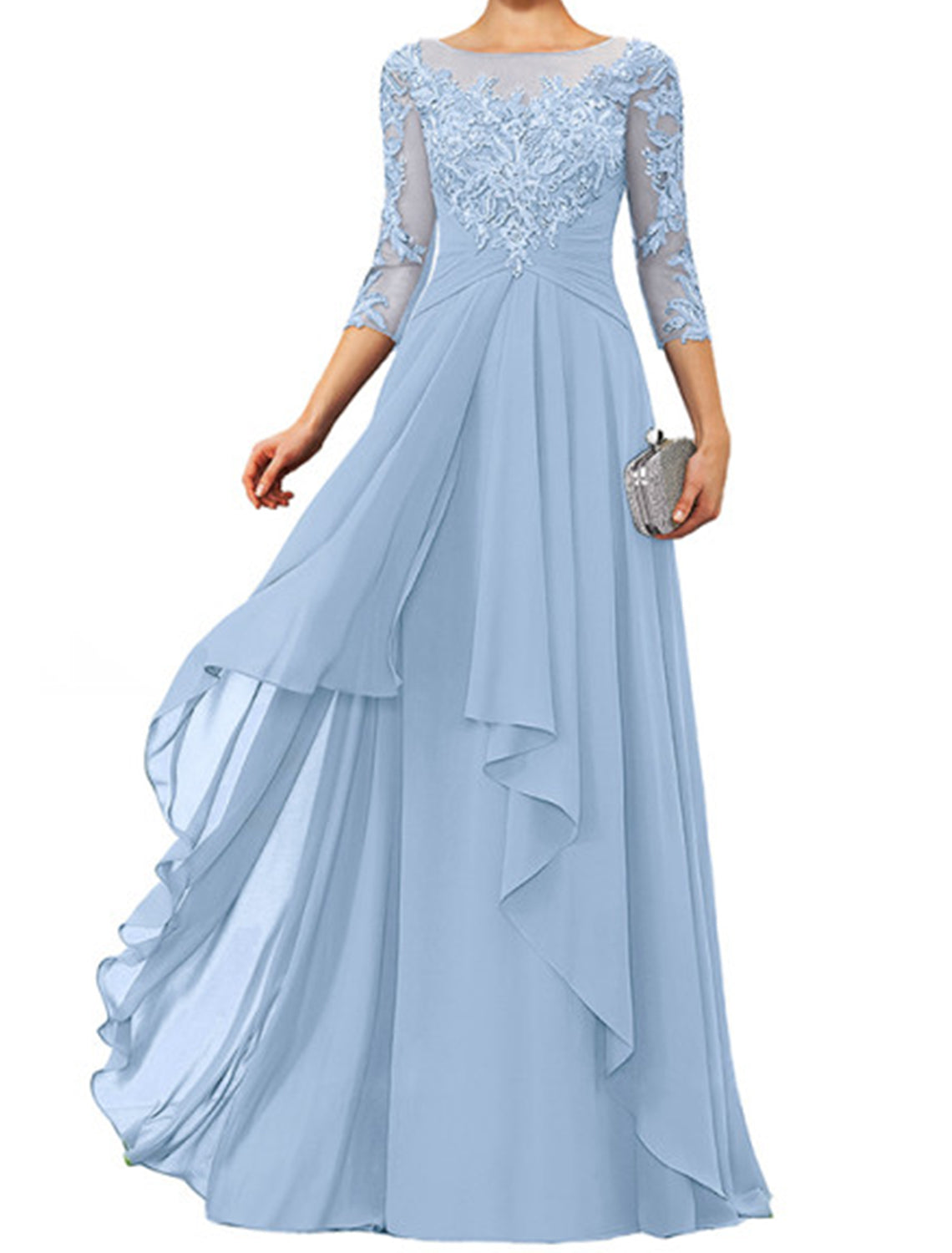 Sheath / Column Mother of the Bride Dress Elegant Jewel Neck Floor Length Chiffon Lace 3/4 Length Sleeve with Appliques by YiHuiw