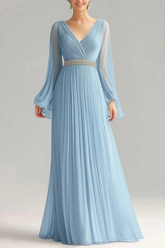 A-Line V-Neck Long-Sleeve Closed-Back Floor-Length Evening Dress