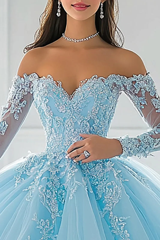 Sky Blue Off-the-Shoulder Ball Gown Prom Dress with Lace Appliques and Long Sleeves