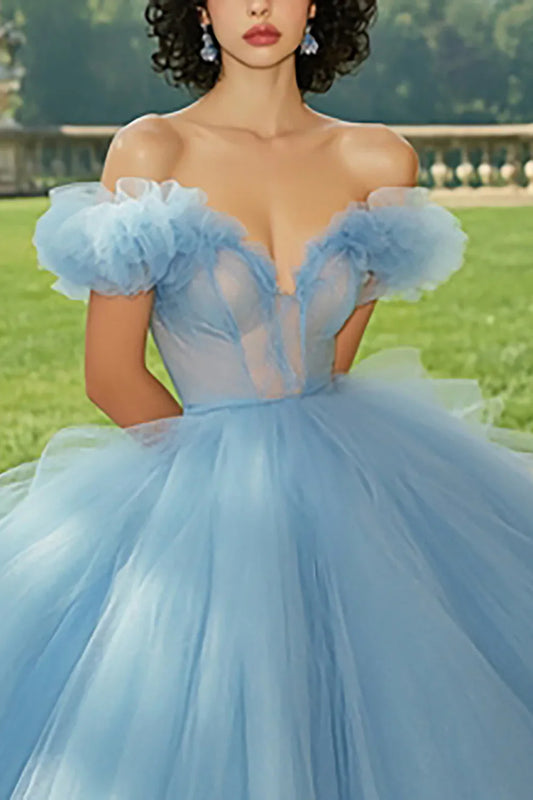 Sky Blue Off-the-Shoulder Ball Gown Prom Dress with Puff Sleeves and Tulle Skirt