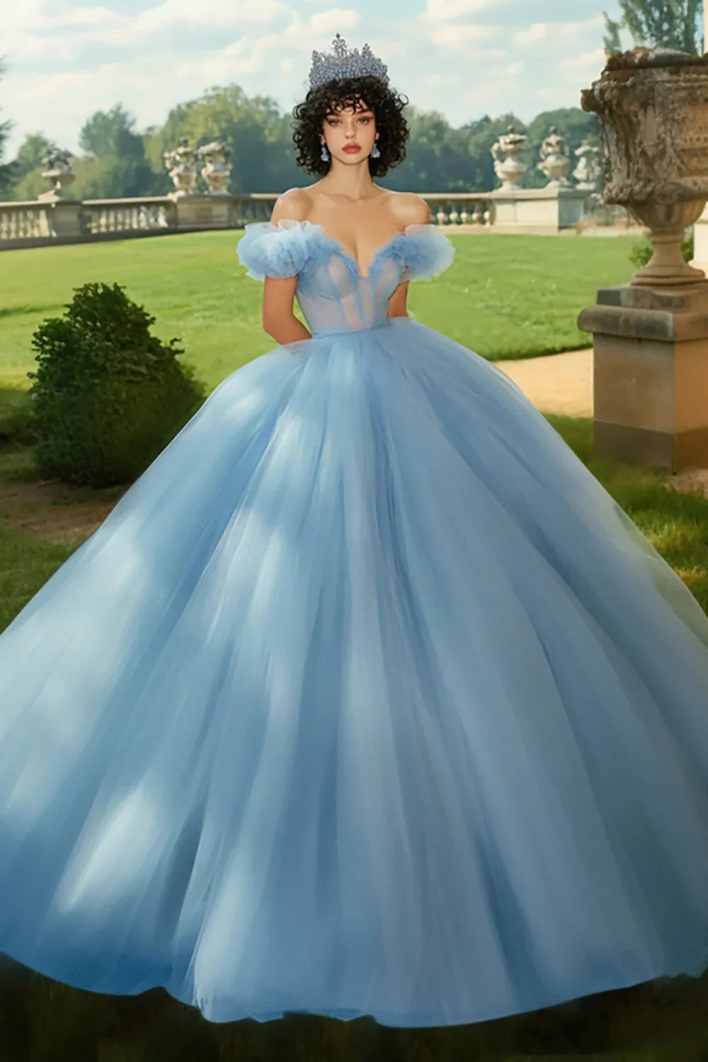 Sky Blue Off-the-Shoulder Ball Gown Prom Dress with Puff Sleeves and Tulle Skirt