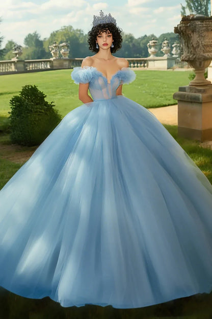 Sky Blue Off-the-Shoulder Ball Gown Prom Dress with Puff Sleeves and Tulle Skirt