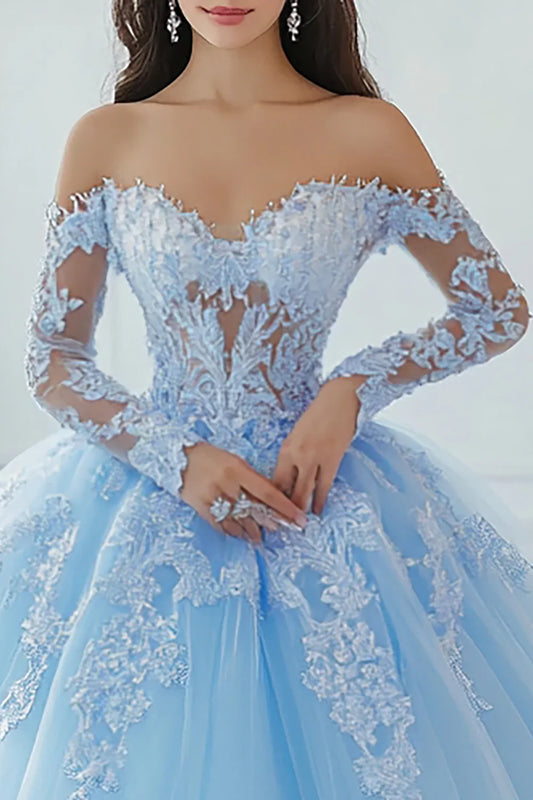Light Blue Off-the-Shoulder Ball Gown Prom Dress with Lace Appliques and Sheer Long Sleeves