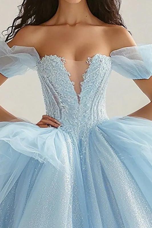 Light Blue Off-the-Shoulder Ball Gown Prom Dress with Corset Bodice and Layered Tulle Skirt