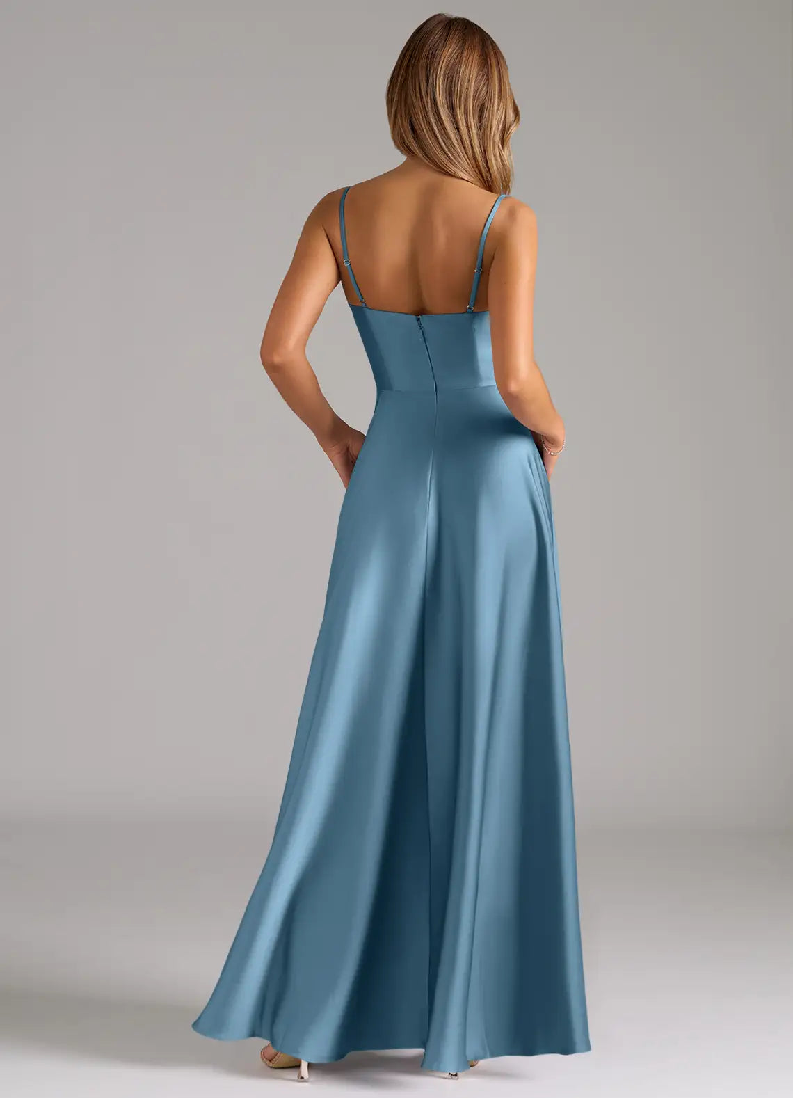 Blue A-Line Cowl Neck Satin High Slit Floor-Length Wedding Dress - Yihuiw by Yihuiw