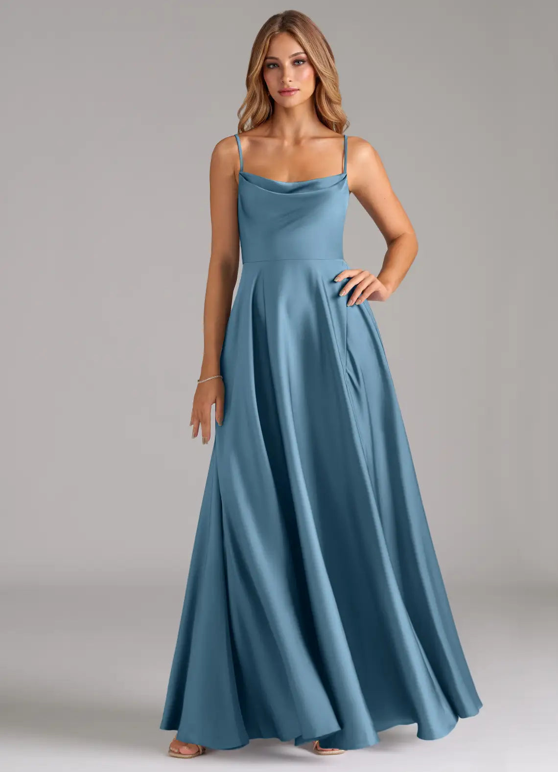 Blue A-Line Cowl Neck Satin High Slit Floor-Length Wedding Dress - Yihuiw by Yihuiw