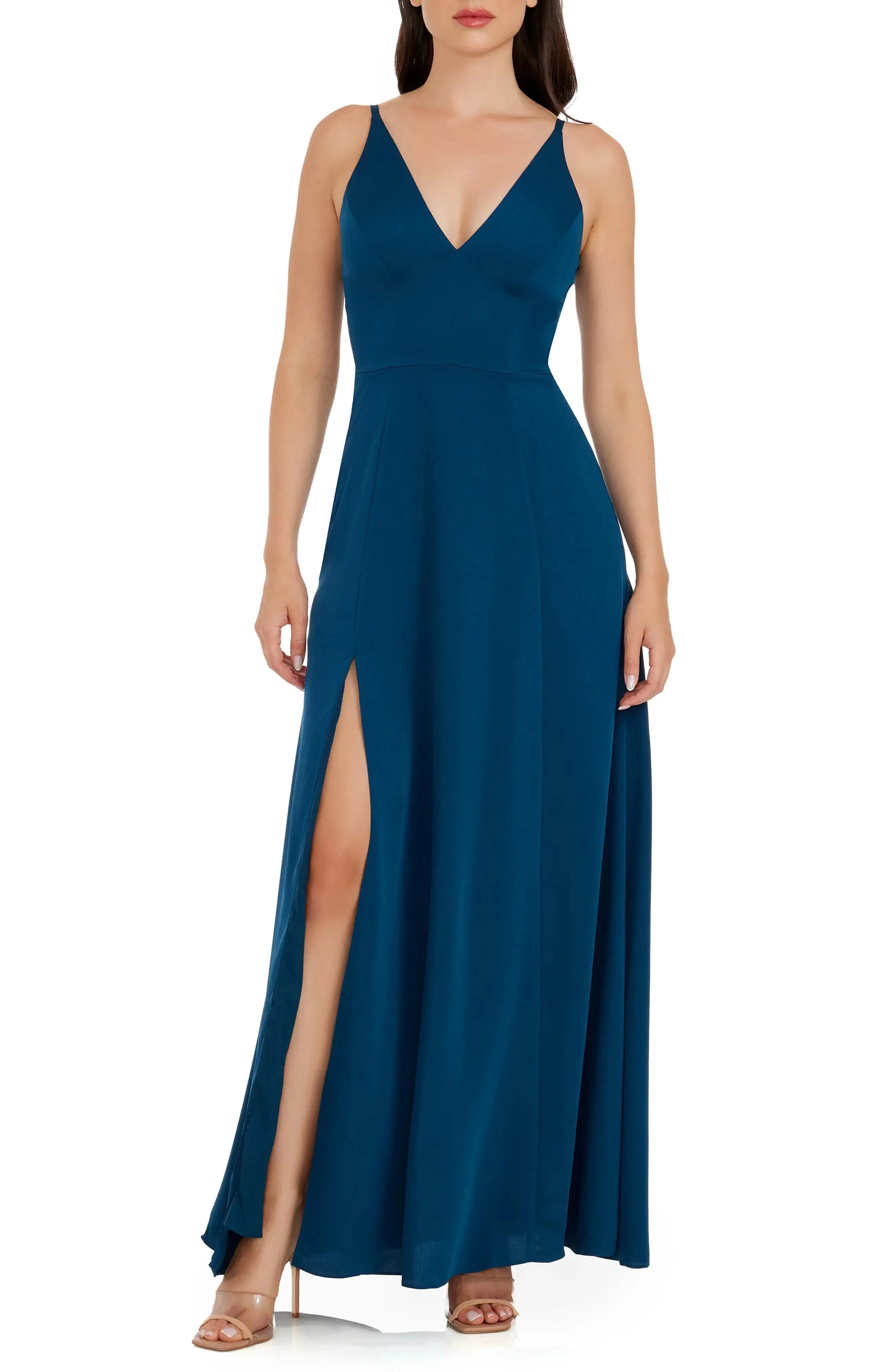 Sleek A Line Deep V Neck Spaghetti Strap Zipper Back Floor Length For Women Evening Dress by YiHuiw