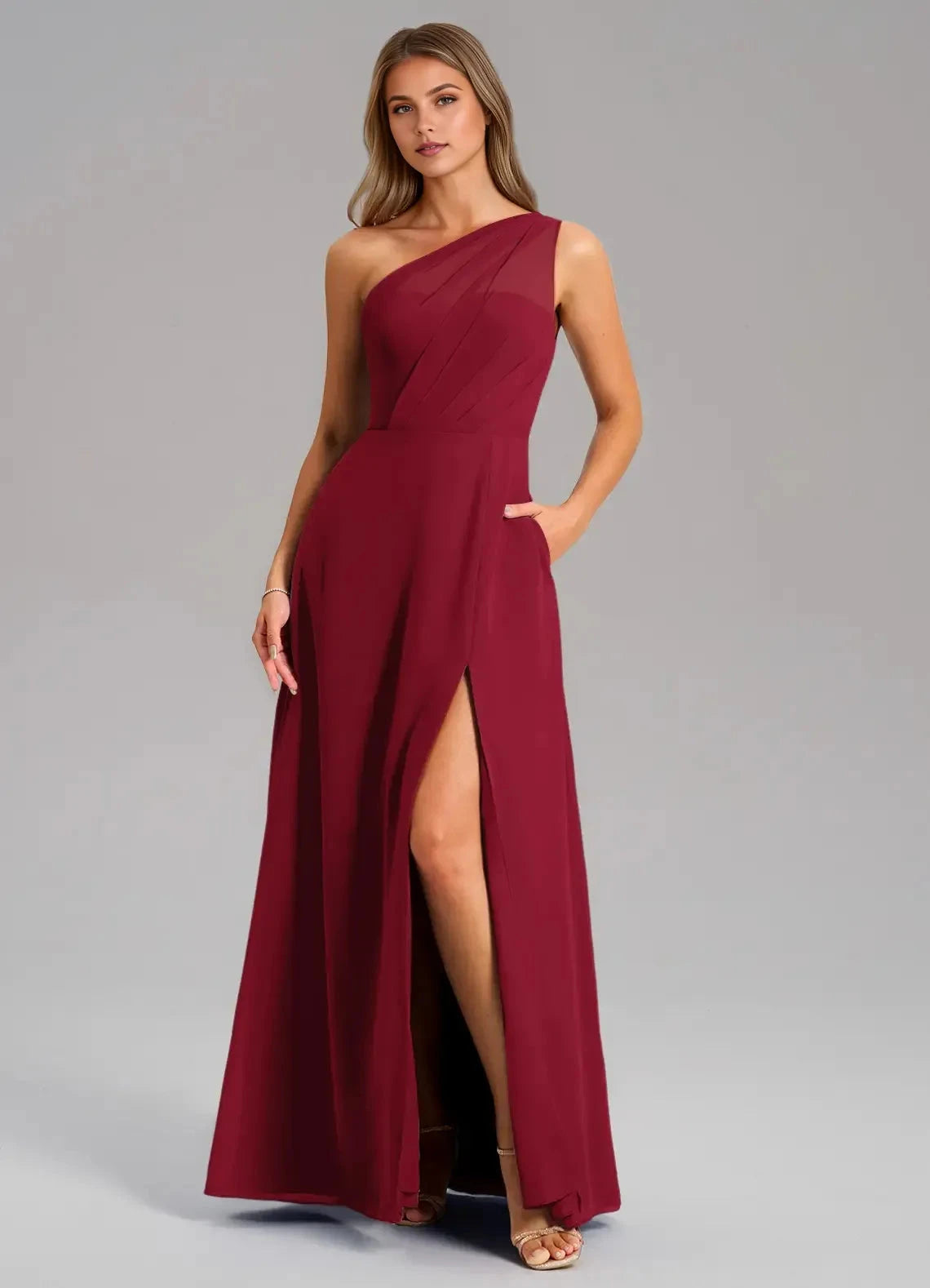 Sleek A Line One Shoulder Sheer Panel Back High Slit Floor Length For Sale Evening Dress by YiHuiw