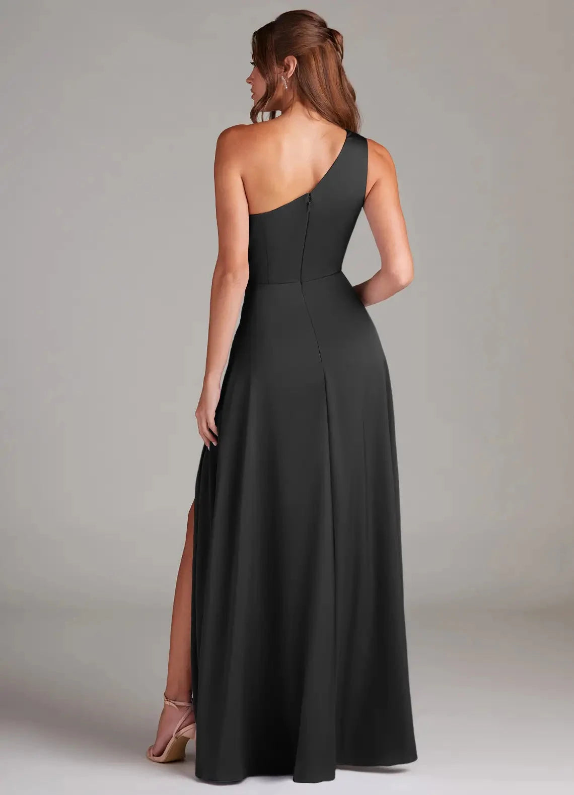 Sleek A Line One Shoulder Sleeveless Back Zipper High Slit Floor Length For Ladies Evening Dress by YiHuiw