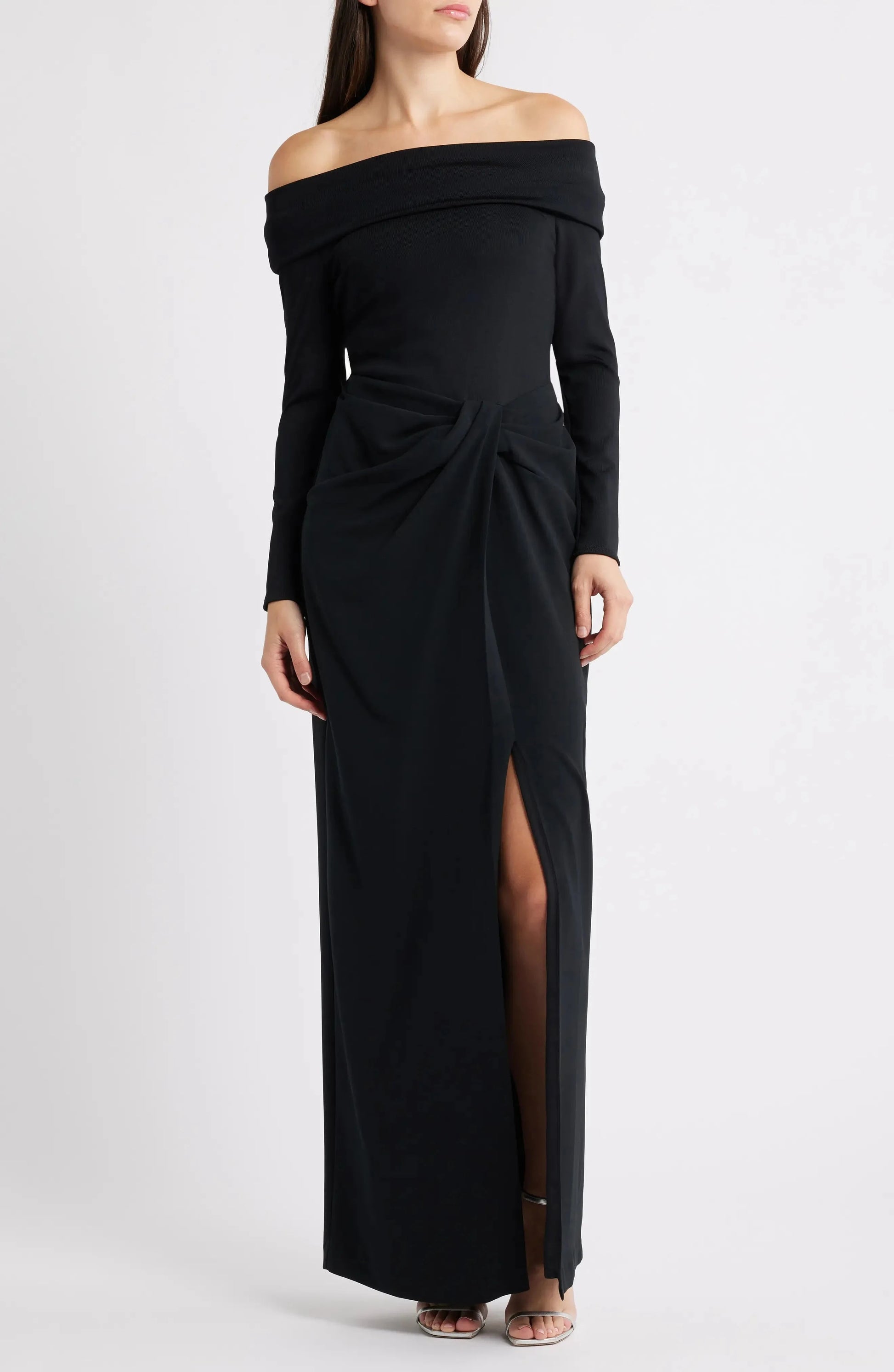 Sleek Column Off Shoulder Long Sleeve Twist Waist Maxi Evening Dress by YiHuiw