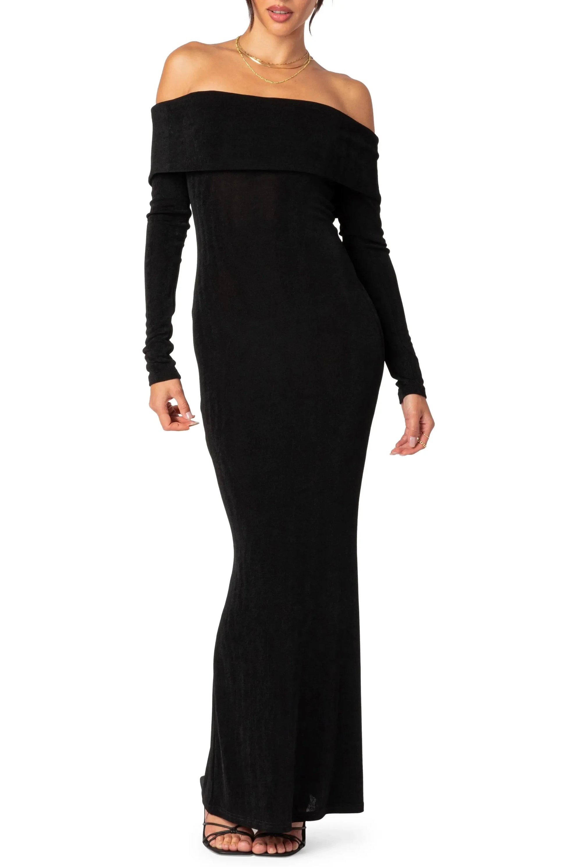 Sleek Fitted Off the Shoulder Long Sleeve Open Back Floor Length For Sale Prom Dress by YiHuiw