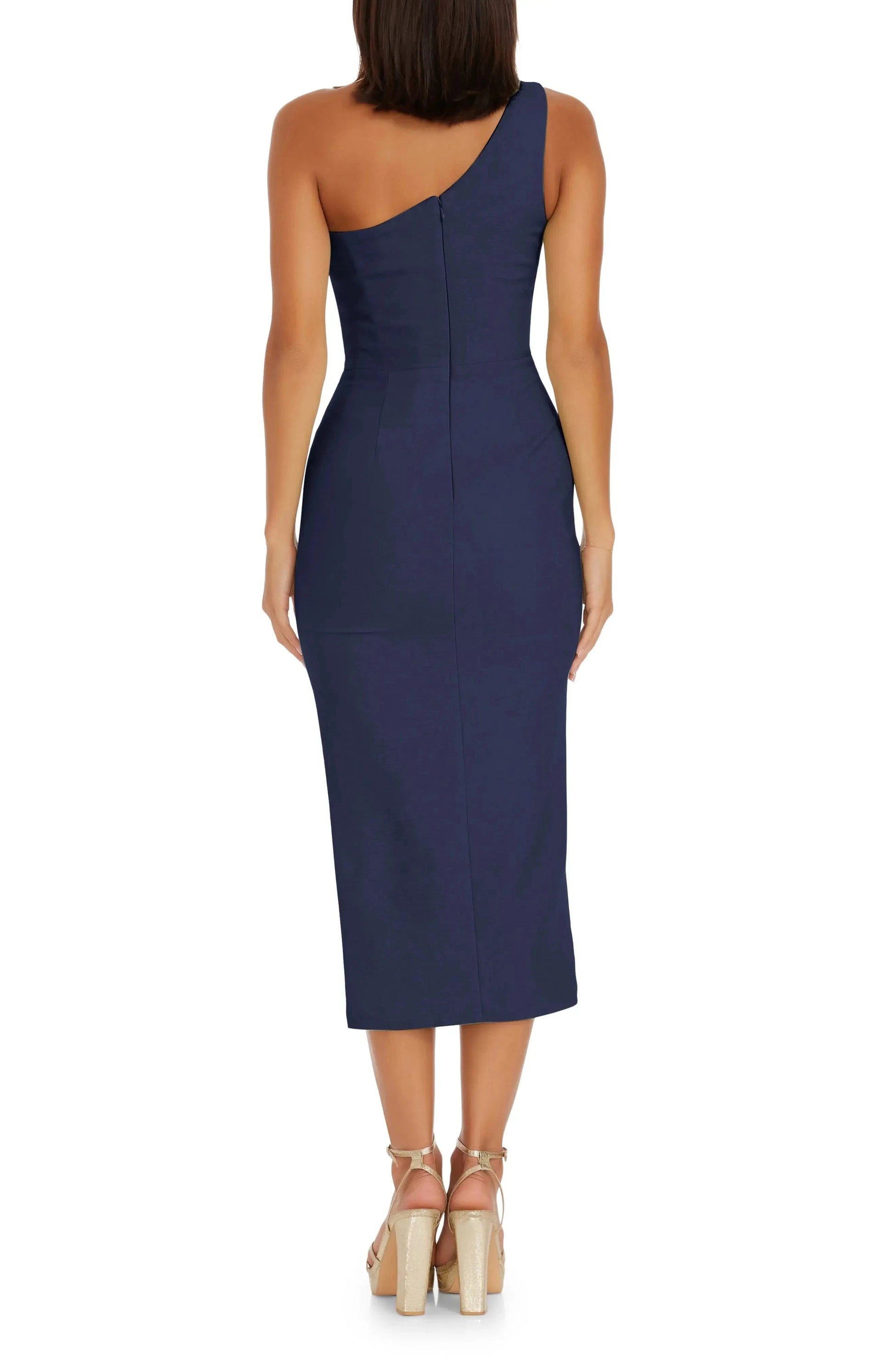 Sleek Fitted One Shoulder Single Sleeve Zipper Back Asymmetrical Midi For Adults Evening Dress by YiHuiw