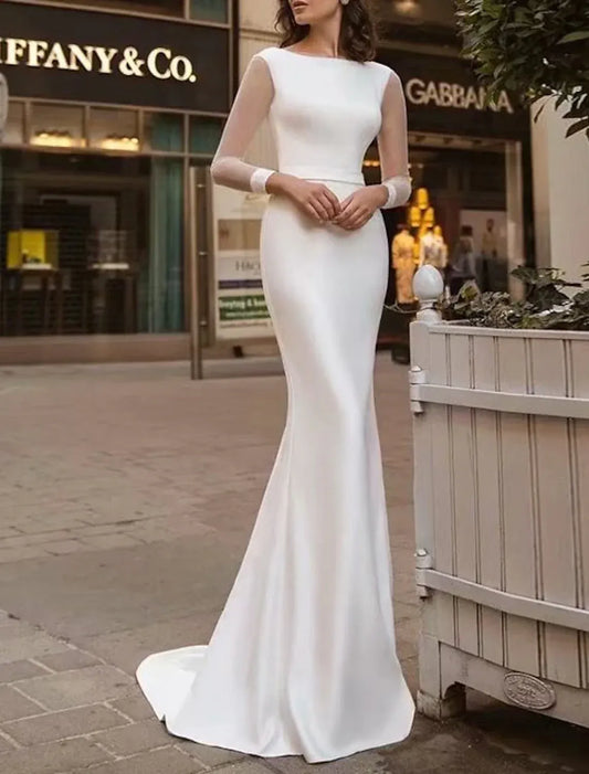 Mermaid Mesh Long Sleeve Lace-Up Back Train Tea-Length Wedding Dress - Yihuiw by Yihuiw