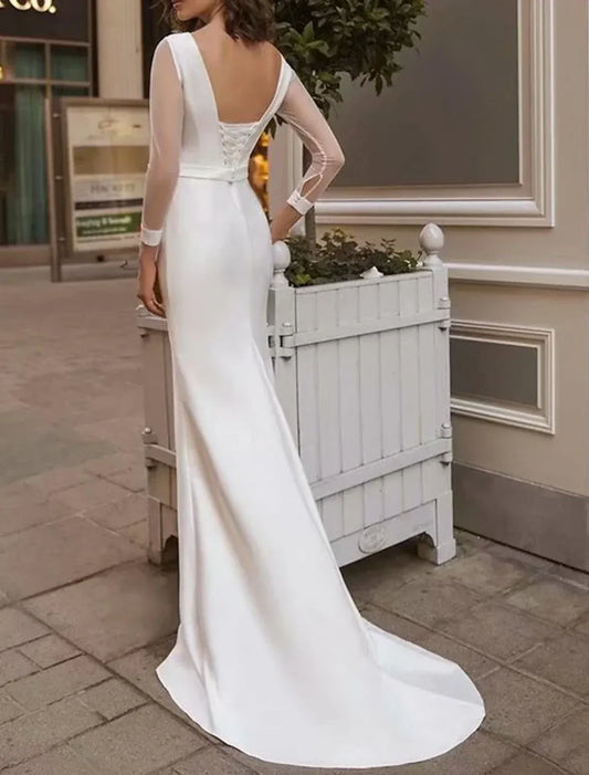 Mermaid Mesh Long Sleeve Lace-Up Back Train Tea-Length Wedding Dress - Yihuiw by Yihuiw