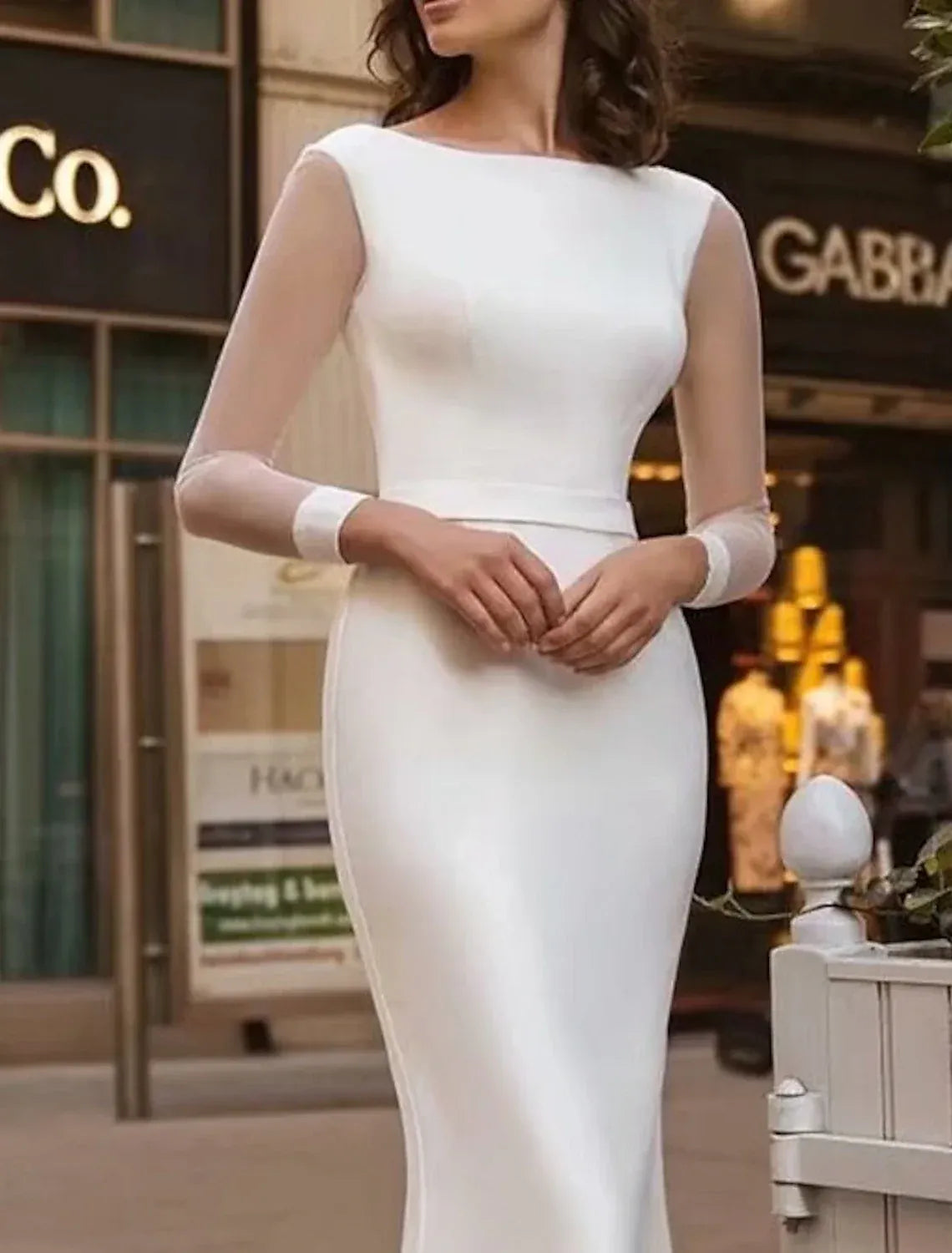 Mermaid Mesh Long Sleeve Lace-Up Back Train Tea-Length Wedding Dress - Yihuiw by Yihuiw