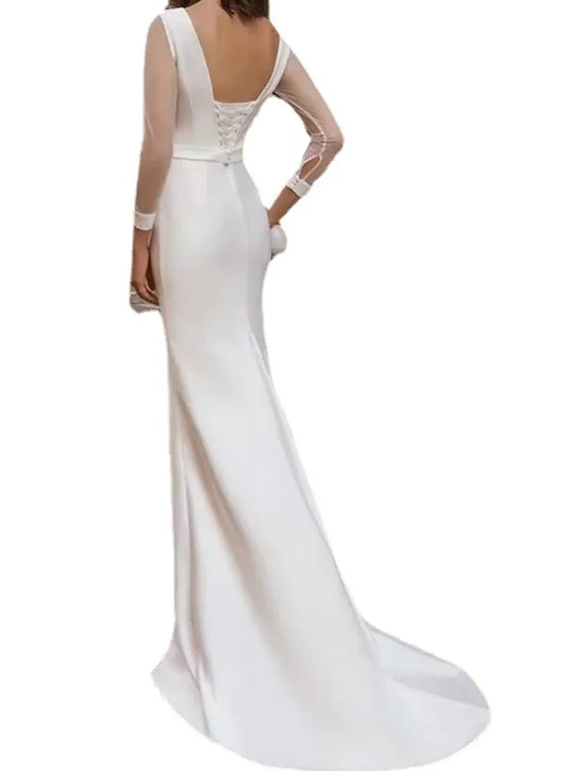 Mermaid Mesh Long Sleeve Lace-Up Back Train Tea-Length Wedding Dress - Yihuiw by Yihuiw