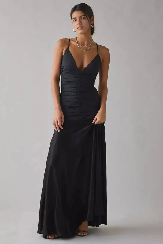 Sleek Mermaid Deep V Sleeveless Solid Back Floor Length For Ladies Prom Dress by YiHuiw