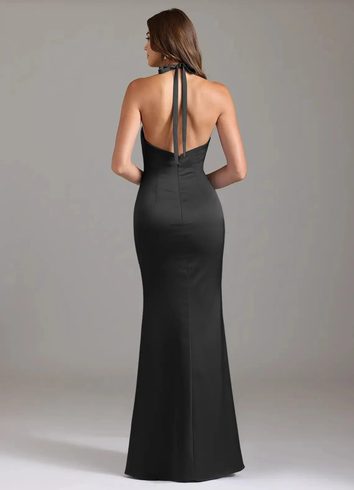 Sleek Mermaid Halter Plunging V Neck Sleeveless Tie Back Floor Length Female Evening Dress by YiHuiw